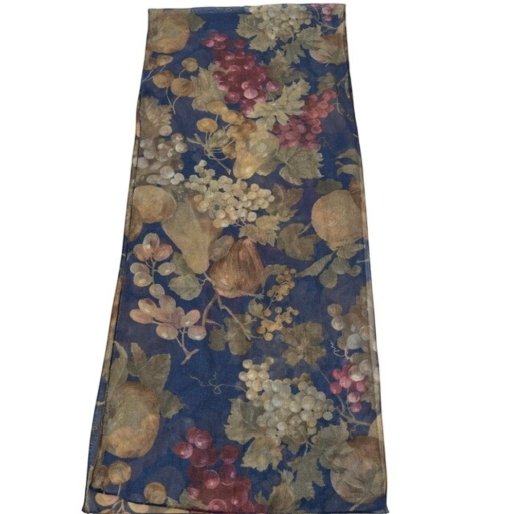 Vintage Scarf Navy Fruit‎ Grape Pear Print Sheer Rectangular 60 x 14 Cottagecore